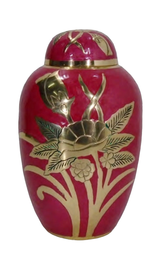 MAROON FLORAL BRASS URN