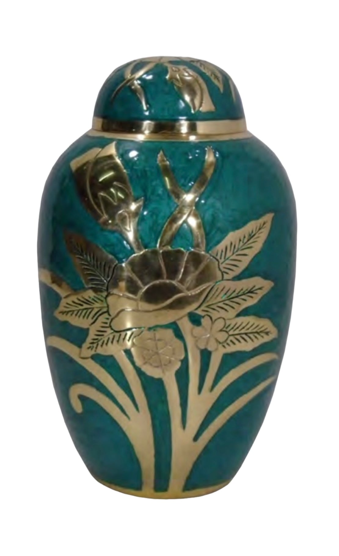 GREEN FLORAL BRASS URN