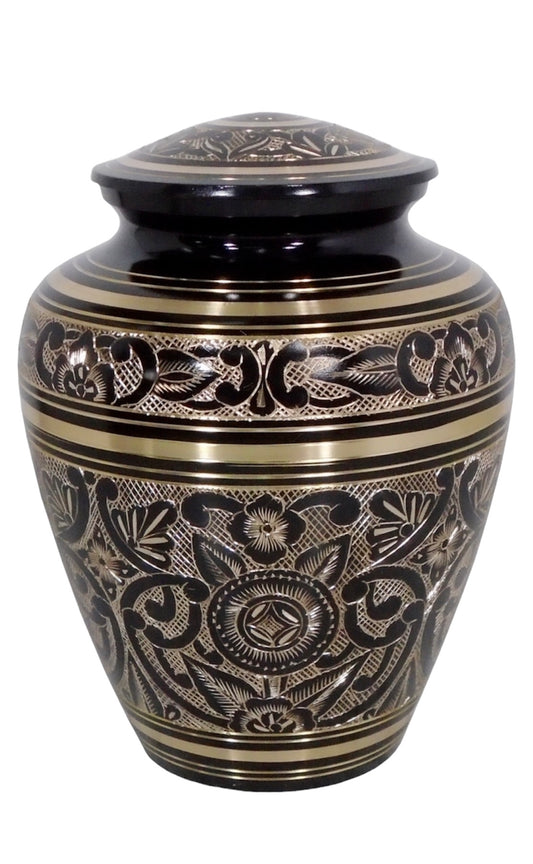 BLACK AND GOLD ETCHED URN